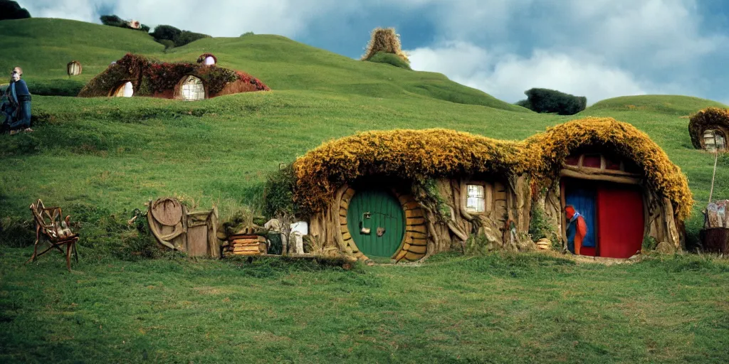 Image similar to A full color still from a Stanley Kubrick film featuring Hobbiton with windows, doors, and chimneys built into the hills, 35mm, 1975