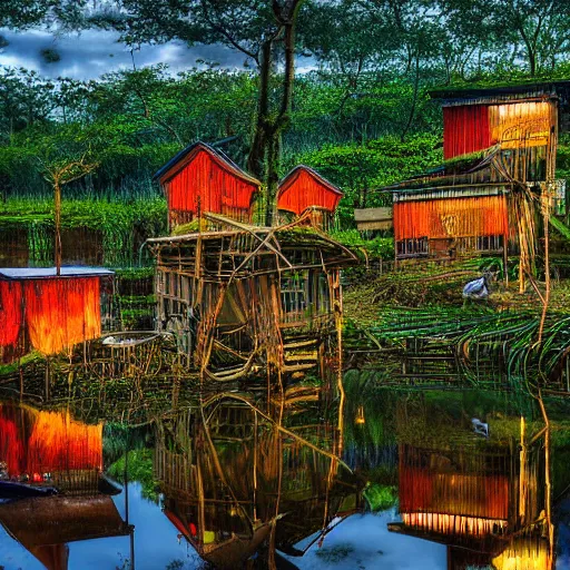 Image similar to a wooden makeshift fishing village inhabited by otters, built in a mossy overgrown bayou, evening lit by lanterns and fireflies, digital art