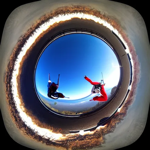 Image similar to corpulent trucker skydiving, fisheye lens