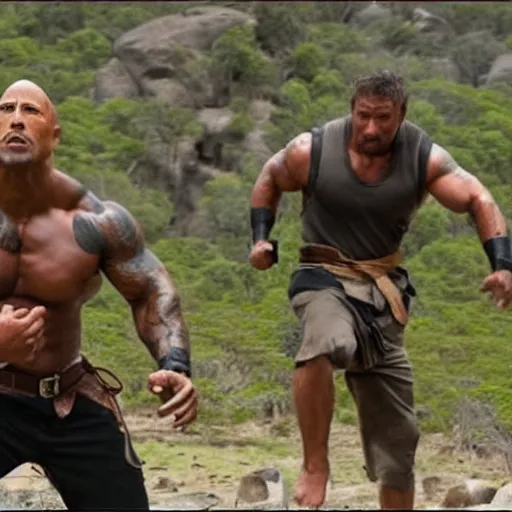 Image similar to dwayne johnson as a ninja fights multiple kangaroos