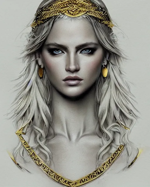 Image similar to tattoo design sketch of cute beautiful blonde super model as aphrodite greek goddess wearing a gold laurel wreath and triangle earrings, beautiful piercing gaze with sharp pupils, in the style of greg rutkowski, fantasy, amazing detail, epic, elegant, smooth, sharp focus, front view