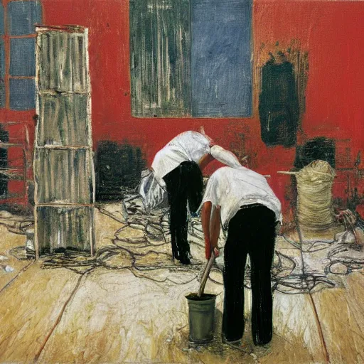 Image similar to an oil painting of people tidying a house by cy twombly