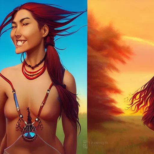 Image similar to in the style of artgerm and Andreas Rocha and Joshua Middleton, beautiful Native American young woman with long hair and red paint strip across eyes, smile on face, Symmetrical eyes symmetrical face, bead necklace, scenic prairie in background sunrise, natural lighting, warm colors