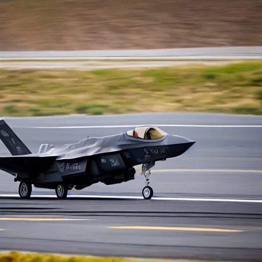 Image similar to an extremely detailed 4k photography of an F35 with gears up flying towards the camera, exiting a well-lit highway tunnel, cinematic lighting, long shot angle, centered composition, 1/400 f2.8 ISO400, 200mm lens