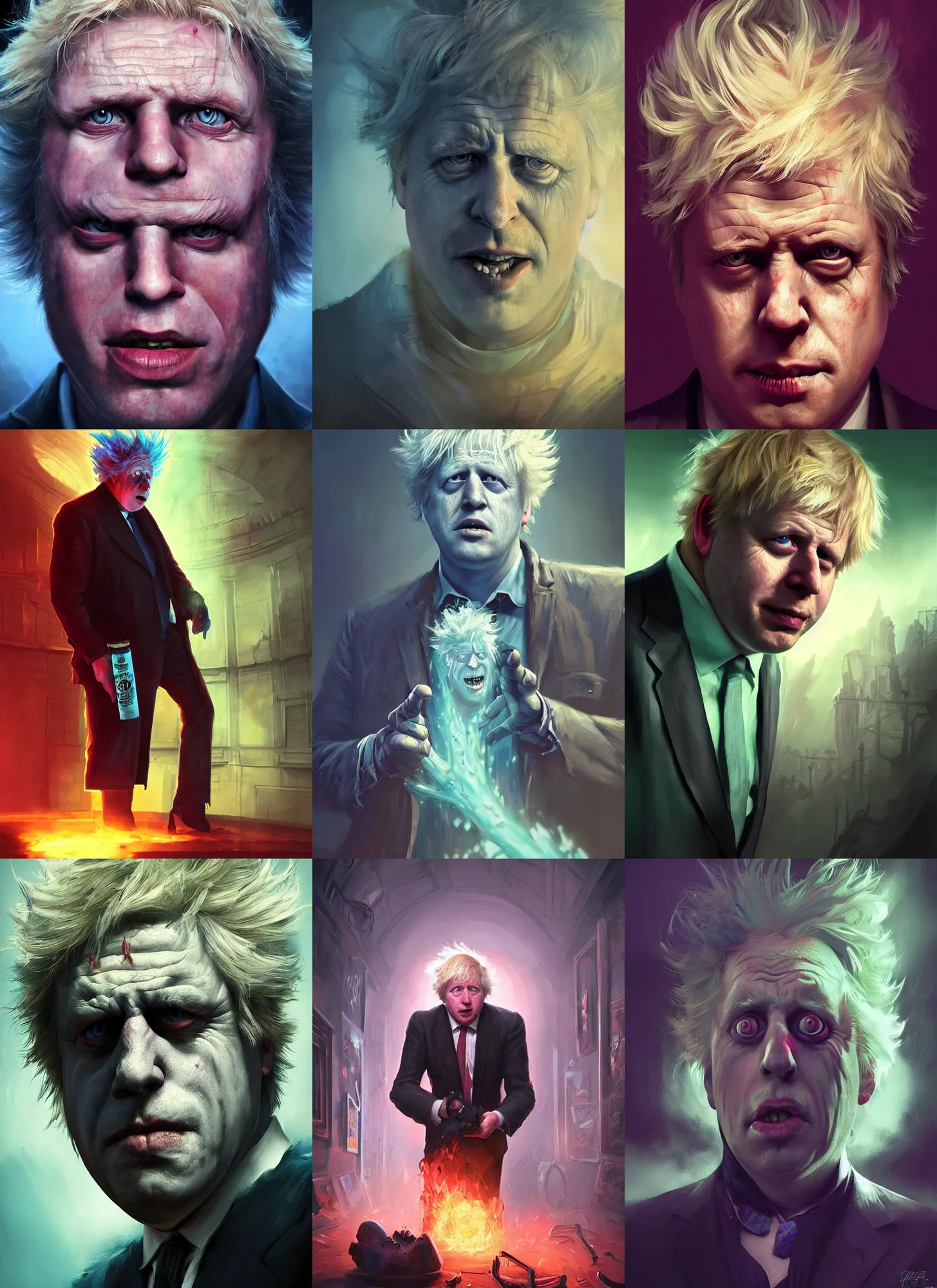 Prompt: Boris Johnson as Rick Sanchez, vivid colors, dark shadows, contrast, concept art, sharp focus, digital art, Hyper-realistic, 4K, Unreal Engine, Highly Detailed, Dramatic Lighting, Beautiful, by Brom, bastien lecouffe-deharme