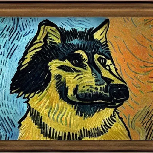 Image similar to retarded wolf portrait, van gogh style, propaganda style