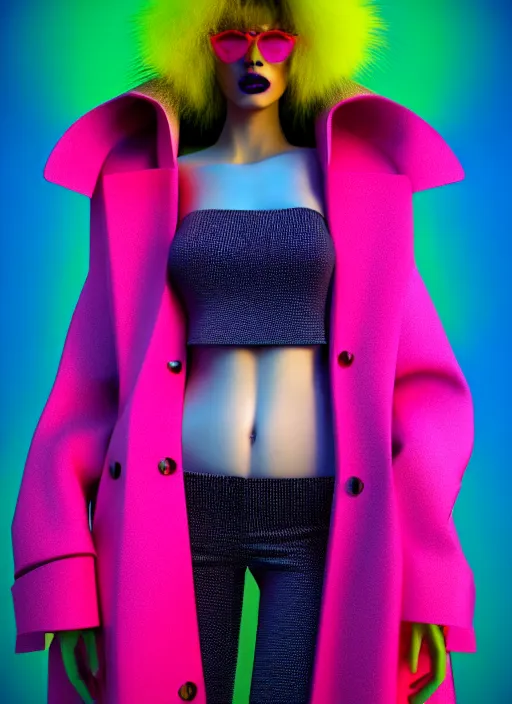 Image similar to stylish coat for a rave, bright colors, many details, prints, photo for a magazine, photo for a store, fashion photography, Vogue, 135 mm, cinematic, hyper realism, high detail, octane render, 8k, chrome accents, very coherent symmetrical artwork, perfect face model, full length photo, Upper and lower body, even skin tone