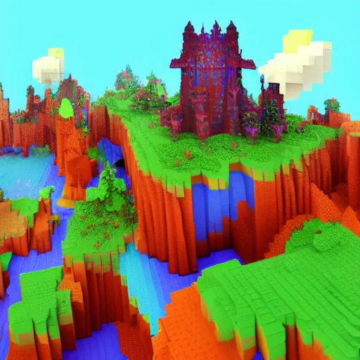 Image similar to a fantasy colorful landscape, rendered as voxels