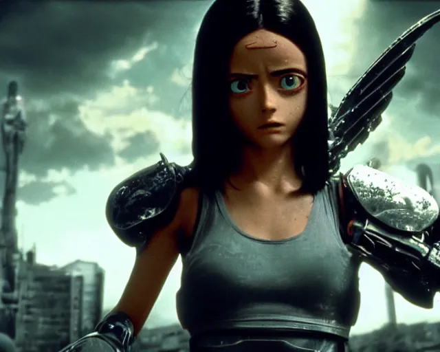 Image similar to a beautiful film still from battle angel alita by panos cosmatos, futuristic, cinematic lighting, highly detailed, photorealistic, high resolution