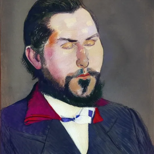 Image similar to Portrait of a handsome man with thick mutton chops. shaved chin, wearing a suit. colorful necktie, pale white face, long messy hair, long hair, ((red)) baggy eyes, tired eyes, tired face, disco smile, watercolor, brushstrokes, high detail, artstation, medium detail, by Ilya Repin and Dave McKean and Greg Rutkowski
