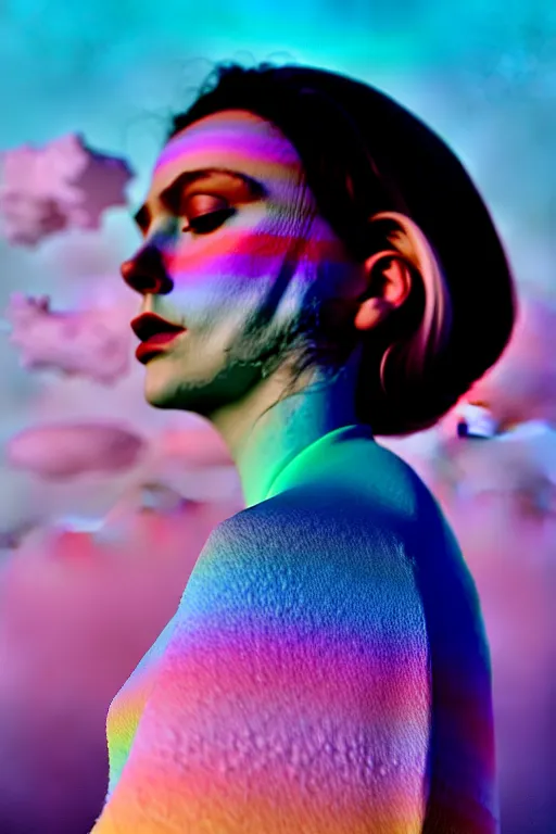 Image similar to high quality pastel coloured film close up wide angle photograph of a model wearing clothing resting on cloud furniture in a icelandic black rock!! environment in a partially haze filled dreamstate world. three point light, rainbow. photographic production. art directed. pastel colours. volumetric clouds. pastel gradient overlay. waves glitch artefacts. extreme facial clarity. 8 k. filmic.