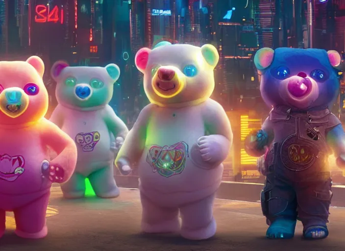 Image similar to film still of cyberpunk care bears in new sci - fi movie, 4 k