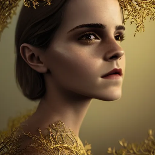 Prompt: Ultra detailed beautiful 3d render of a emma watson, beautiful woman face, long shiny hair, symmetrical composition, macro, intricate thin details in gold, crown made of fantasy flowers and leaves, fractal vines, octane render, 8k, high quality, volumetric lighting, color grading, by James Jean and WLOP and Victo Ngai and Craig Mullins