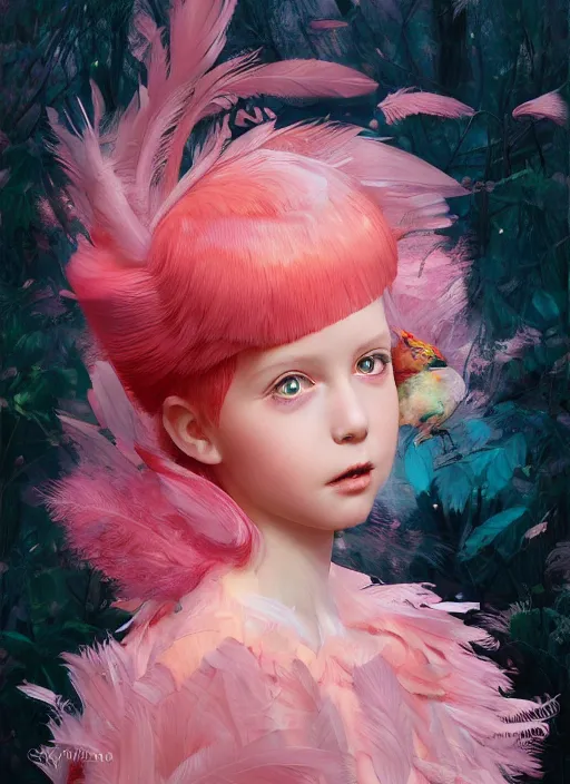 Image similar to beautiful little girl with an pink eccentric haircut wearing an dress made of feathers dancing on stage, artwork made by ilya kuvshinov, inspired in donato giancola, hd, ultra realistic, reflection, flowers, light, realistic face, bird tattoo, trending on pixiv, 8 k, ray tracing