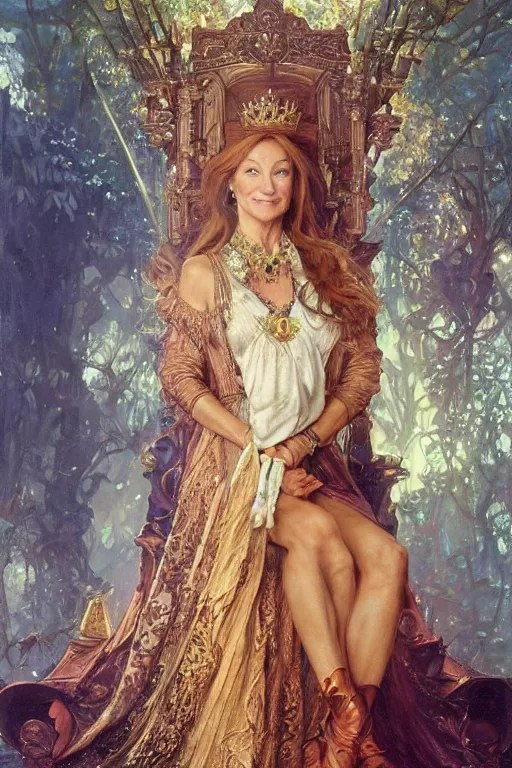 Image similar to Queen Jane Seymour sitting on a throne, fantasy, intricate, beautiful lighting, by Stanley Artgerm Lau, greg rutkowski, thomas kindkade, alphonse mucha, loish, norman Rockwell