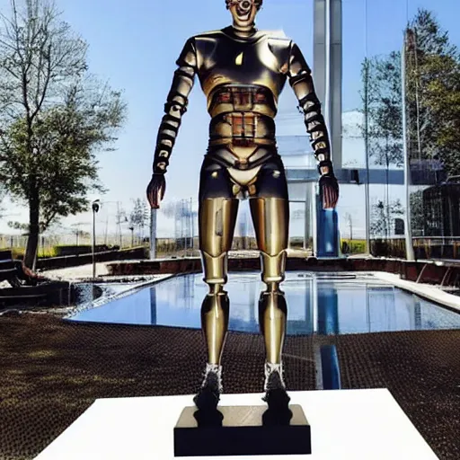 Image similar to a realistic detailed photo of a guy who is an attractive humanoid who is half robot and half humanoid, who is a male android, soccer player timo werner, shiny skin, posing like a statue, blank stare, by the pool, on display, showing off his muscles, humanoid robot, frozen ice statue, made of ice