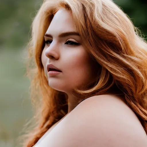 Image similar to a portrait photograph of a curvy, radiant, bubbly, 2 5 - year - old canadian plus - size model, strawberry - blond hair, creamy skin, portrait canon 8 5 mm f 1. 2 photograph head and shoulders portrait