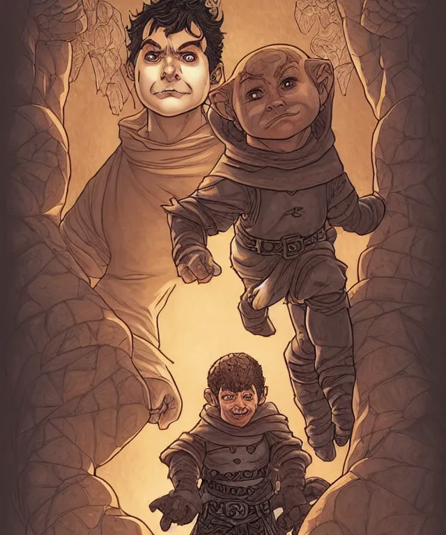 Image similar to a ( fantasy comic ) ( cover art ) portrait of a halfling burglar who looks like ( rick moranis ), digital illustration by jenny frison and sana takeda and kentaro miura, fine inking lines, dnd, highly detailed!, hd, 4 k, trending on artstation