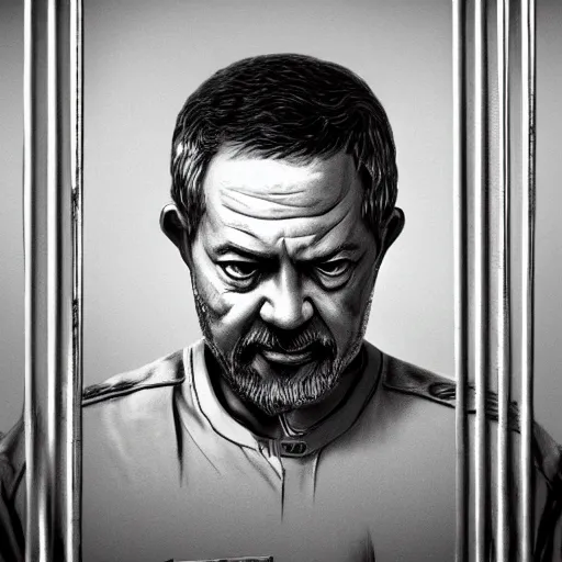 Image similar to presidente lula behind bars in jail, luiz inacio lula da silva. intricate, elegant, highly detailed, digital painting, artstation, concept art, sharp focus, illustration, by justin gerard and artgerm, 8 k