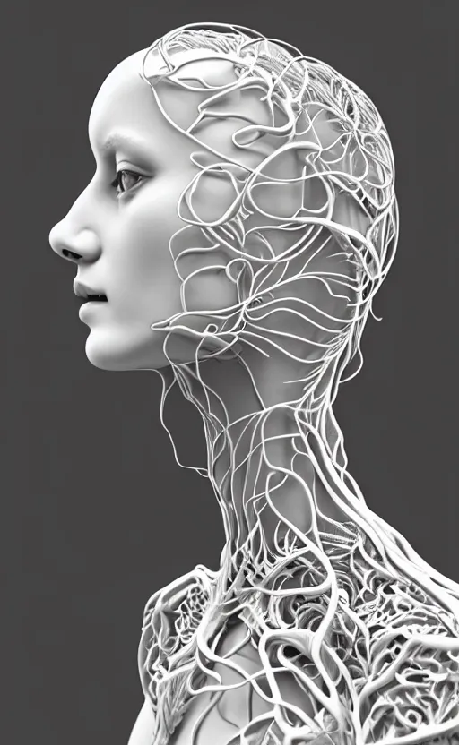 Image similar to complex 3d render ultra detailed of a beautiful porcelain profile woman face, hazel eyes, vegetal dragon cyborg, 150 mm, beautiful natural soft light, rim light, silver platinum details, magnolia big white infrared leaves and stems, roots, fine lace, maze like, mandelbot fractal, anatomical, facial muscles, cable wires, microchip, elegant, white metallic armor, octane render, black and white, H.R. Giger style