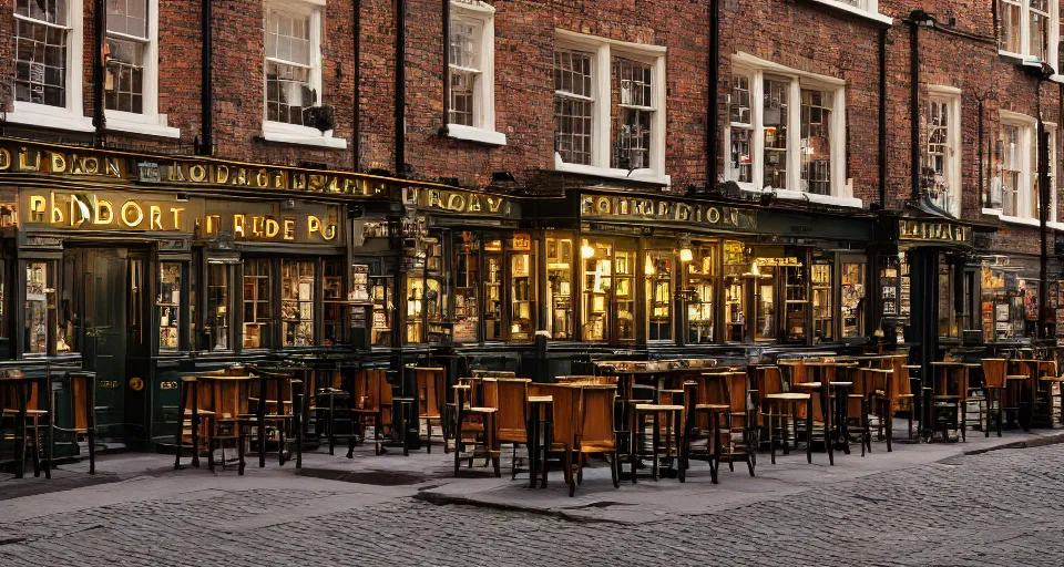 Image similar to closeup profile portrait of a london pub 1 8 8 0, depth of field, detailed and intricate environment, golden hour, 8 k resolution, hyperrealistic, octane render