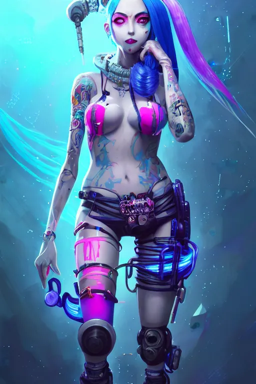 Prompt: full body of jinx from league of legends, cyberpunk futuristic neon. long blue pigtail braid hair, decorated with traditional japanese ornaments by ismail inceoglu dragan bibin hans thoma greg rutkowski alexandros pyromallis nekro rene maritte illustrated, perfect face, fine details, realistic shaded, fine - face, pretty face