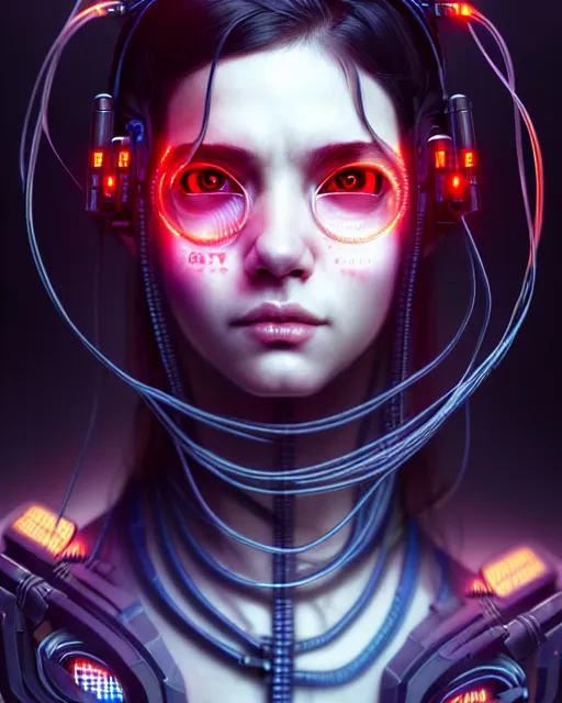 Image similar to portrait, cute, cyberpunk, wires, horror, highly detailed, digital painting, cinematic, hyperrealism, dark retrowave, art by stanley lau and artgerm and magali villeneuve and alphonse mucha, artstation, octane render, cgsociety