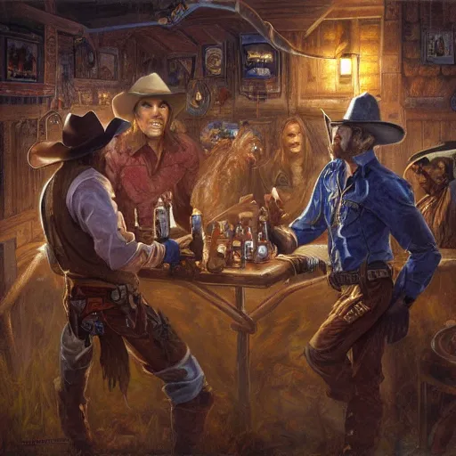 Image similar to two cowboys in a bar fighting ghouls, fantasy D&D character, portrait art by Donato Giancola and James Gurney, digital art, trending on artstation