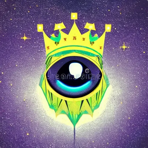 Prompt: a glowing crown sitting on a table with one large beautiful eye on top of it like a jewel, stars on top of the crown, night time, vast cosmos, geometric light rays exploding outwards into stars, sharp bold black lines, flat colors, minimal psychedelic digital concept art illustration