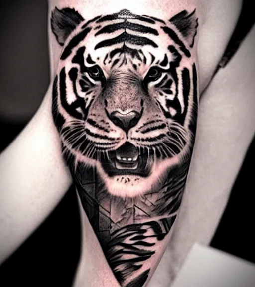 Image similar to tattoo design of a beautiful girl warrior under a tiger head, hyper realistic, realism tattoo, by eliot kohek, beautiful eyes, realistic face, black and white, white background