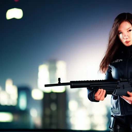 Image similar to photographic portrait of a techwear woman holding a shotgun, closeup, on the rooftop of a futuristic city at night, sigma 85mm f/1.4, 4k, depth of field, high resolution, 4k, 8k, hd, full color, Die Hard, movies with guns, movie firearms