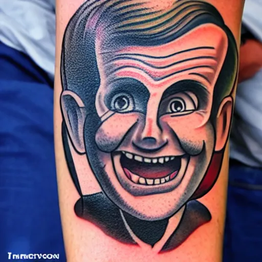 Prompt: tattoo of macron, caricature, silly, mad magazine style