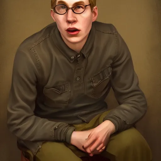 Prompt: Joe Pera, a fine art painting, Patrick Brown, trending on cgsociety, artstation, american realism, 2d game art, photo illustration, daz3d, official art,