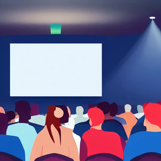 Image similar to cartoon, people listening to presentation on large screen, sitting in a large hall, dim painterly lighting volumetric aquatics, party