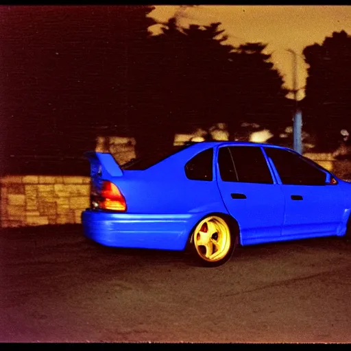 Prompt: retro 90s 97’ film photo harsh flash. Night time dark dimly lit parking lot. 1996 blue Subraru WRX STi front side view driving in parking lot. ((Polaroid)) harsh flash amateur photo (gold wheels intricate) ((motion blur)) ((low exposure)) aesthetic film grain. Japan 1997