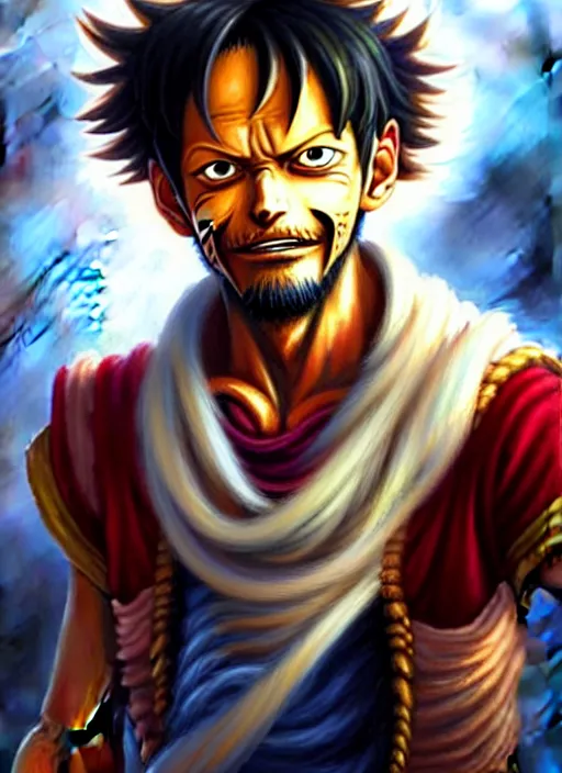 Image similar to luffy as _ fantasy _ style _ portrait _ painting _ of middle eastern male brown wavy hair beard, rpg dnd oil _ painting _ unreal _ 5 _ daz. _ rpg _ portrait _ extremely _ detailed _ artgerm _ greg _ rutkowski _ greg