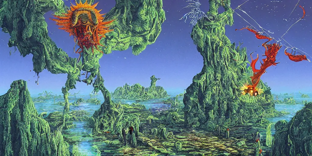 Image similar to detailed artwork by tim white of the repelling of invaders by making a deal with the devil and finding a secret underwater entrance.