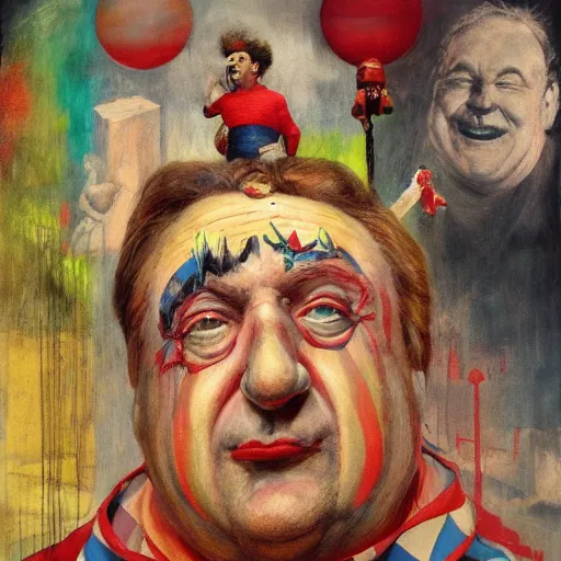 Prompt: Portrait John Goodman wearing a clown costume whilst juggling a red orb standing atop a skyscraper lucian freud odd nerdrum john hoyland greg rutkowski chris cold andrew wyeth niel welliver peter doig robert rauschenberg mark ryden