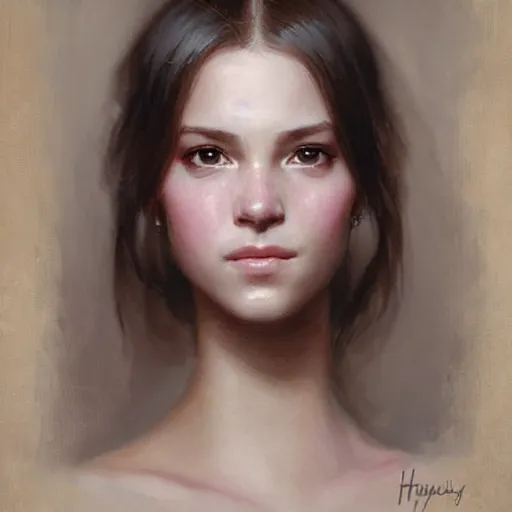 Prompt: Facial portrait of a cute girl, looking at the camera, slight awkward smile, lips slightly parted, no hands visible, blushing, intricate, extremely detailed painting by Greg Rutkowski and by Henry Justice Ford and by Steve Henderson