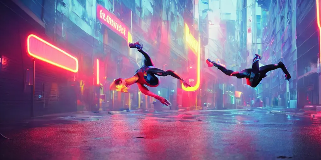 Image similar to cinematic camera wide angle of slow motion film still of futuristic break dancer wearing latex with neon lights, long exposure shot , at night in the middle of a rainy and foggy street, paddle of water, water splashes, rim lights, glossy reflections, water droplets on lens, octane render, detailed and soft, by laurie greasley