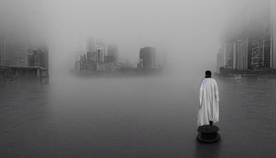 Prompt: movie still by akira kurosawa of a man in white drapery in a blood barque on a river next to a spherical skyscraper city, leica sl 2 5 0 mm b & w, heavy grain, high quality, high detail, fog, mud