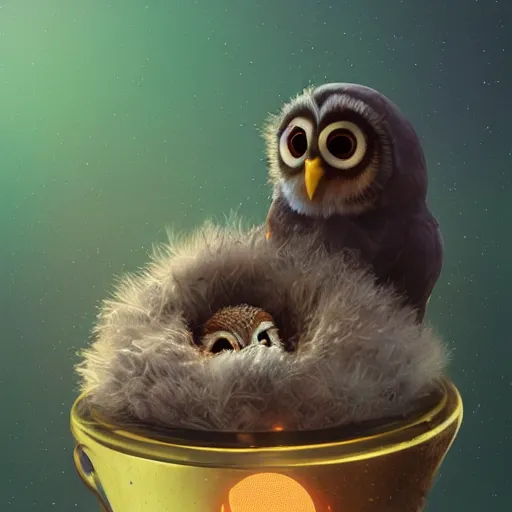 Image similar to long shot of a very cute owl chick nesting in a very futuristic cup, esao andrews, humorous illustration, hyperrealistic, big depth of field, warm colors, night scenery, low light, 3 d octane render, 4 k, conceptart, hyperdetailed, hyperrealistic, trending on artstation