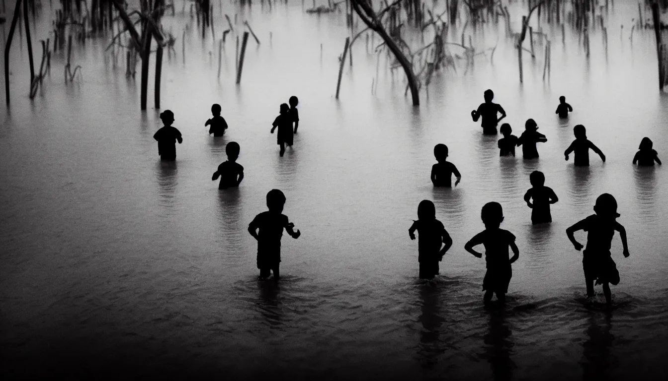 Prompt: silhouettes of kids running around in flooded swamps dark, atmospheric, scary,, ambient vibe, very detailed, 8 k