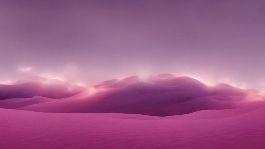 Image similar to soft glow pink desert with snow mountains and cloudy skies, purple fog, long exposure, detailed, hyper realistic, photorealism, landscape, ultra wide angle view, peaceful, cinematic, volumetric lighting, god ray through clouds