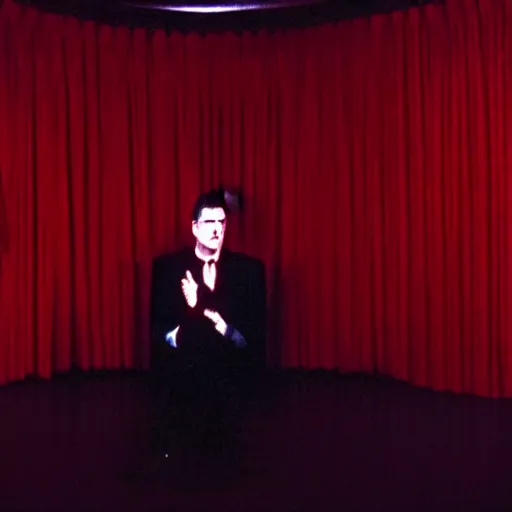 Image similar to the black lodge, Twin Peaks (1990), eerie surreal nightmare, david lynch, red curtains, ominous