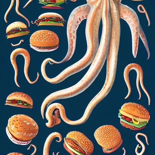 Image similar to a beautiful ultra detailed anatomical illustration of a giant squid holding many burgers, tentacles wrapped around burgers, artstation, 8 k