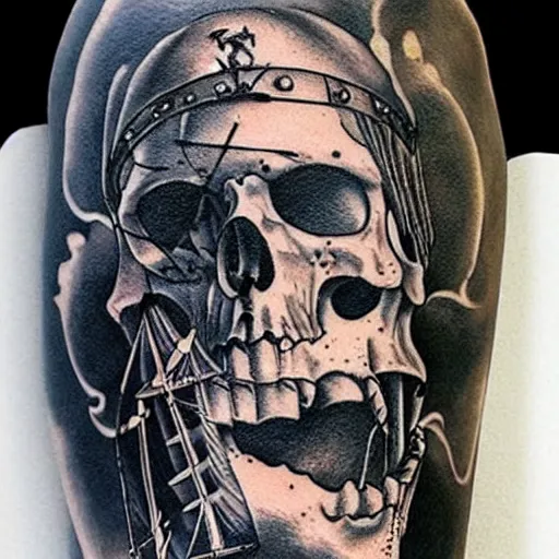 Image similar to realism tattoo design of a pirate ship, by Matteo Pasqualin tattoo artist