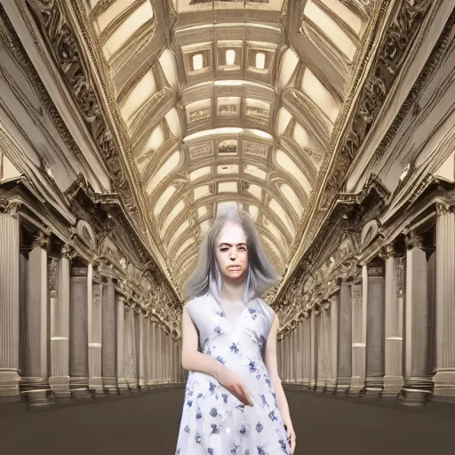 Image similar to Young lady full length shot wearing valentino resort simple sleeveless dress pale grey and white flowers in the style of baroque cyberpunk oil painting standing inside lourve, 8K, background renaissance paintings with gold