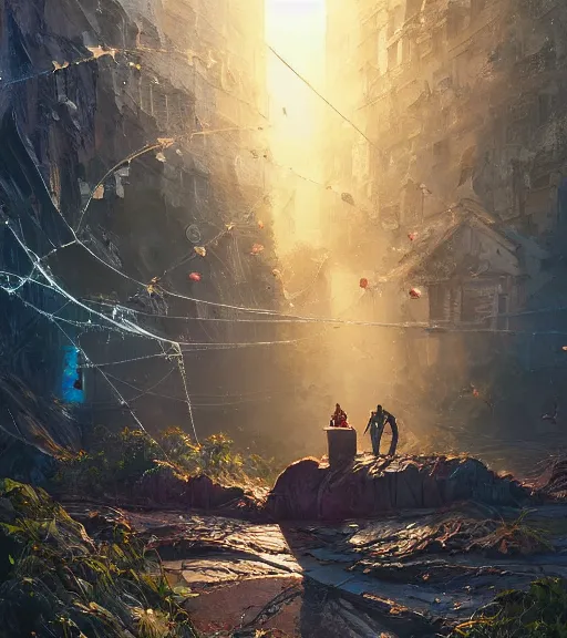 Image similar to highly detailed graffiti of spiderweb, stephen bliss, unreal engine, fantasy art by greg rutkowski, loish, rhads, ferdinand knab, makoto shinkai and lois van baarle, ilya kuvshinov, rossdraws, tom bagshaw, reflective global illumination, god rays, detailed and intricate environment