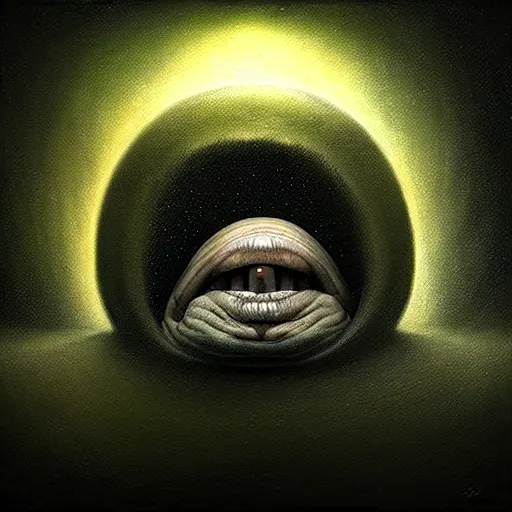 Image similar to peer into the depths of the endless cosmic void, shine a light on your darkest terror. by anton semenov, hyperrealistic photorealism acrylic on canvas